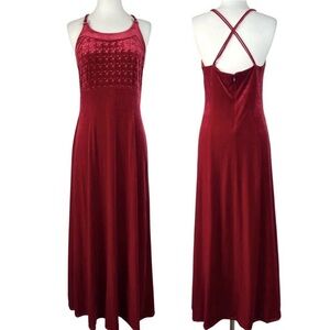 Vtg Y2K Papell Boutique Evening Velvet Woven Rhinestone Dress Gown Red Size 12